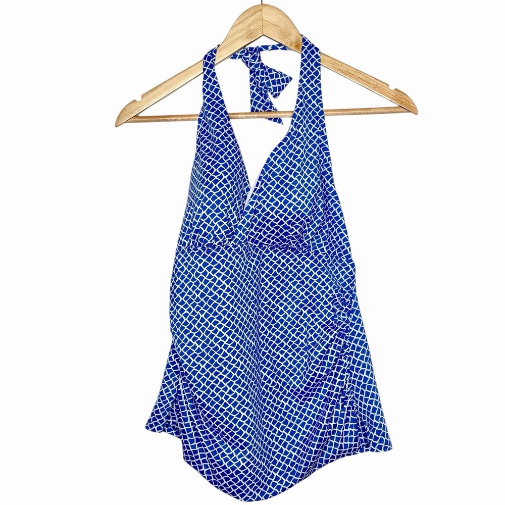 LL Bean Halter Tankini Top Blue Geometric Womens 14 Sunblocking UPF Wireless